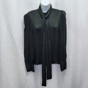 Zara Satin Tie Neck Blouse Womens Medium M Green Button Down Top Shirt Work Y01X